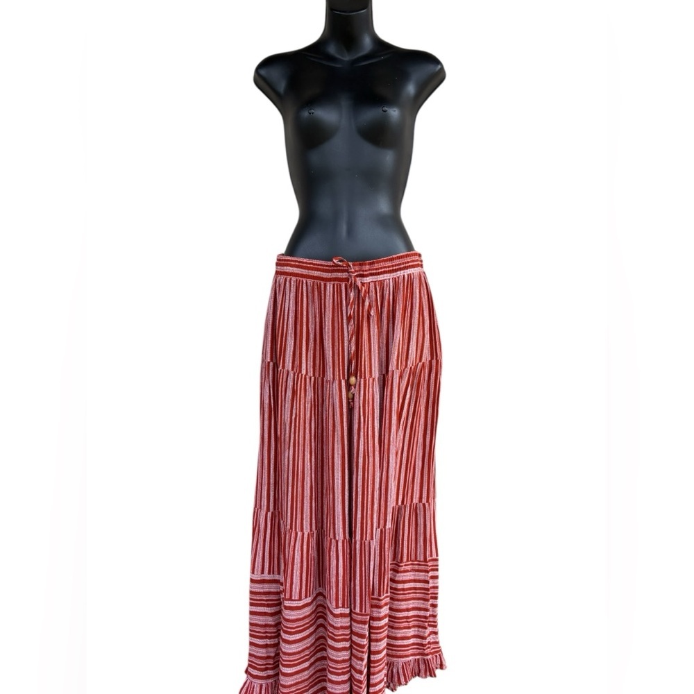 DAVI & DANI RUST STRIPE
RUFFLE CASUAL PANT sz small pockets preloved boho - Picture 7 of 13
